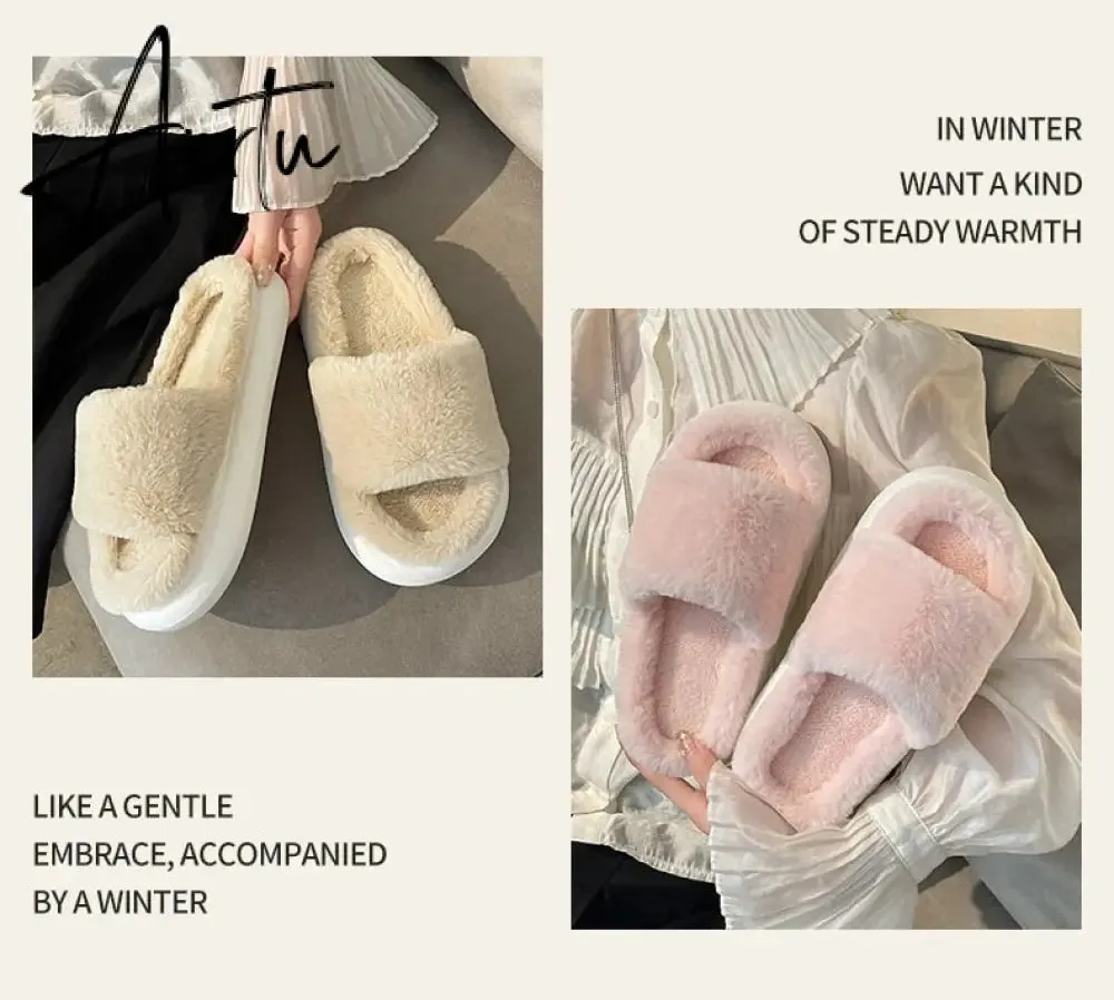 Aiertu Thick Fluffy Fur Slippers New Women Winter House Warm Furry Slippers Women Flip Flops Home Slides Flat Indoor Floor Shoes