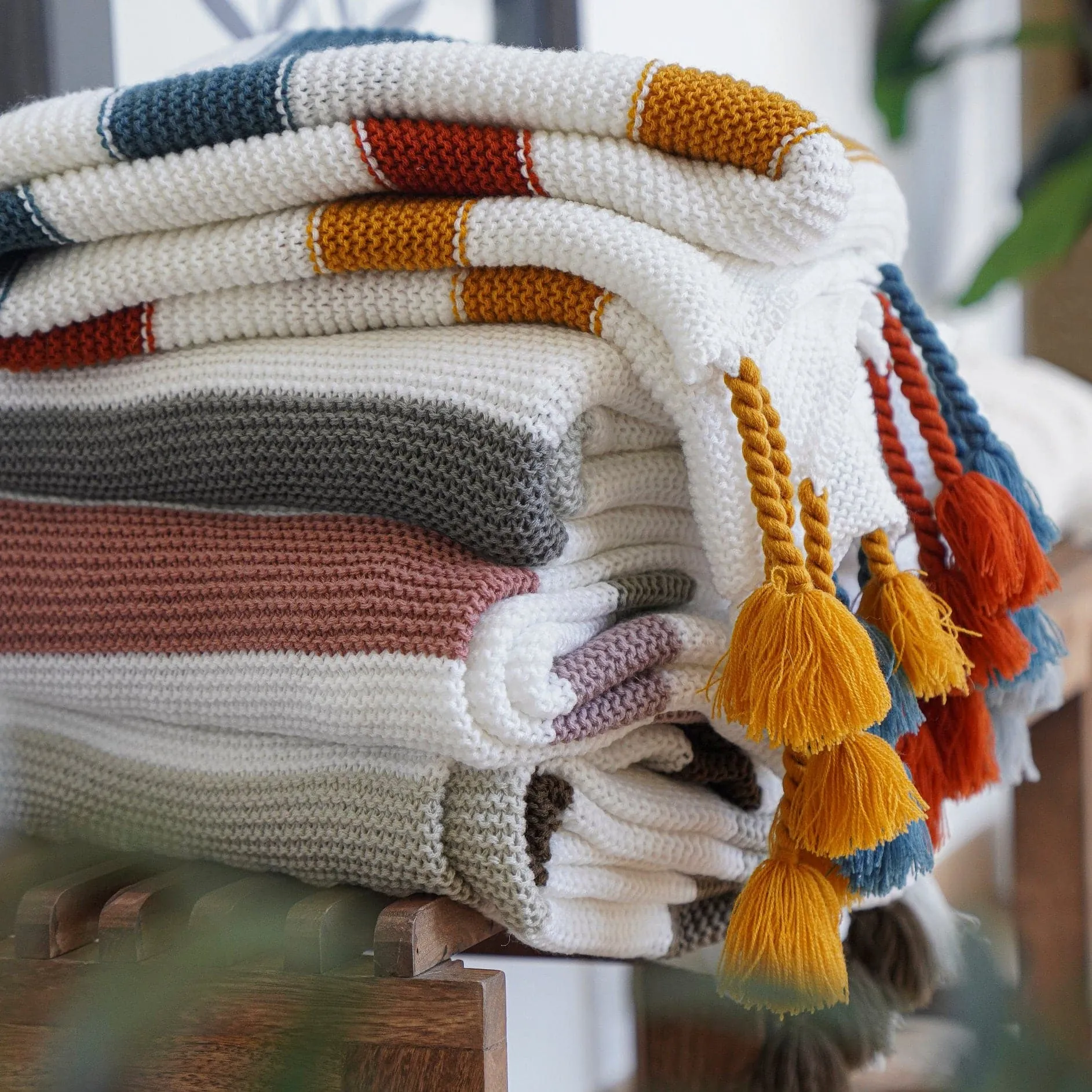 Boho Knitted Braided Tassel Throw Blanket