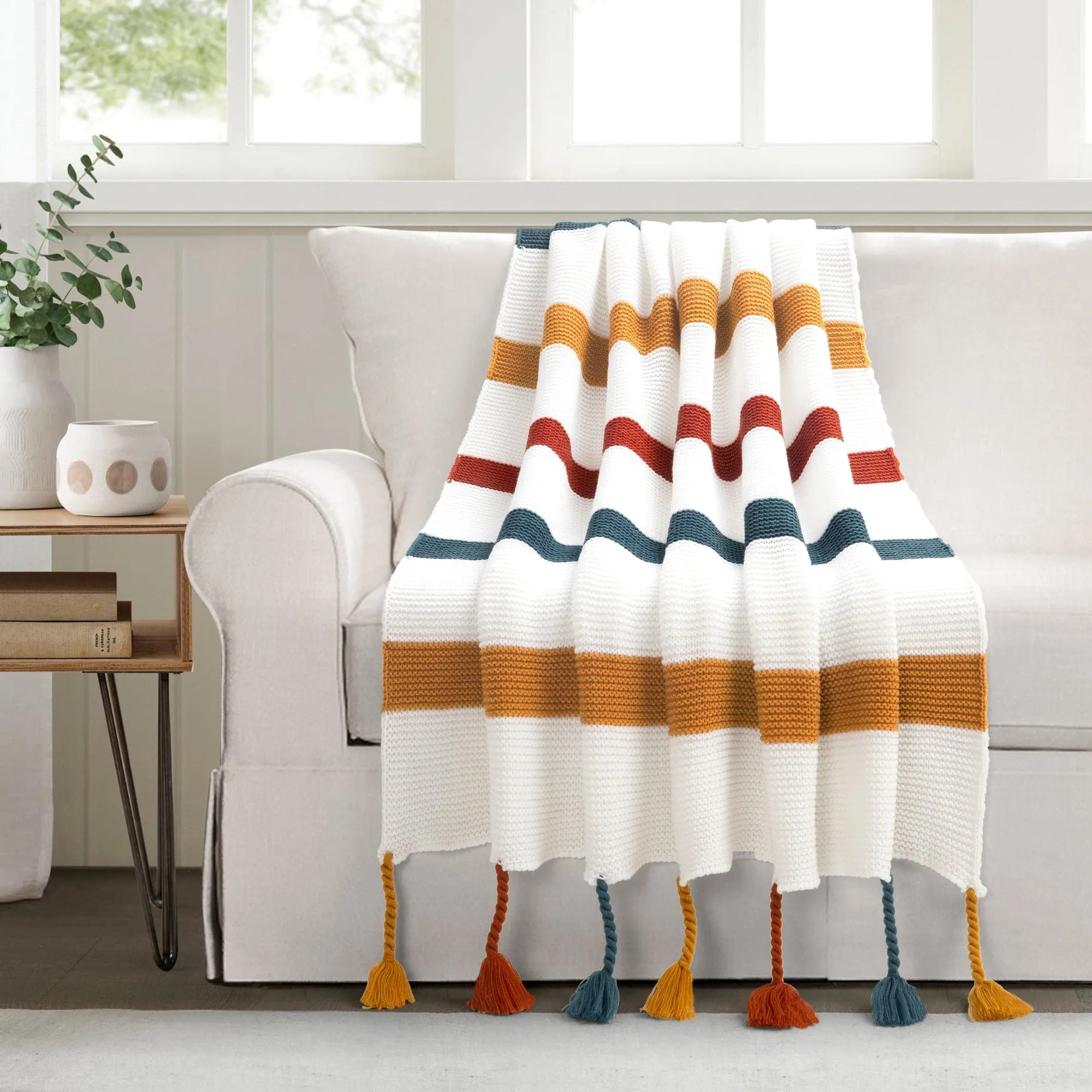 Boho Knitted Braided Tassel Throw Blanket