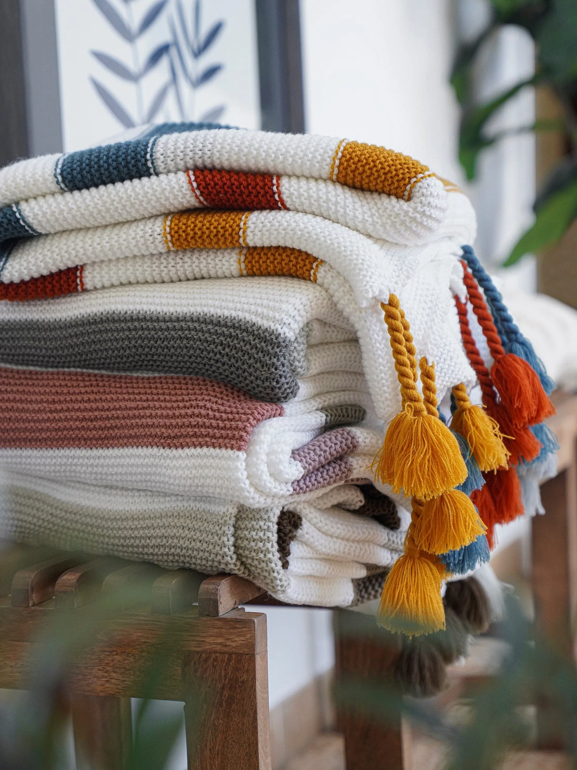 Boho Knitted Braided Tassel Throw Blanket