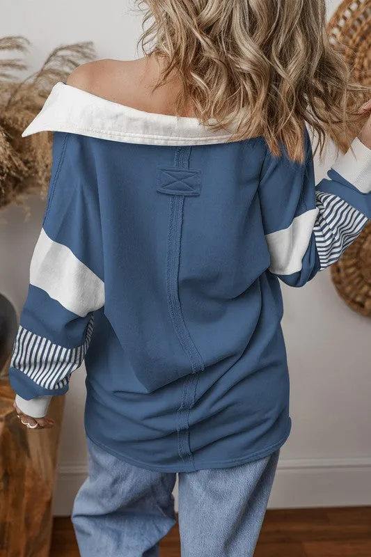 Striped Colorblock Patchwork Collar Sweatshirt